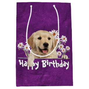Geburtstag Golden Retriever auf Lila Leder Mittlere Geschenktüte