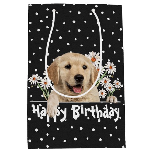 Geburtstag Golden Retriever auf Polka Docks Mittlere Geschenktüte (Vorderseite)