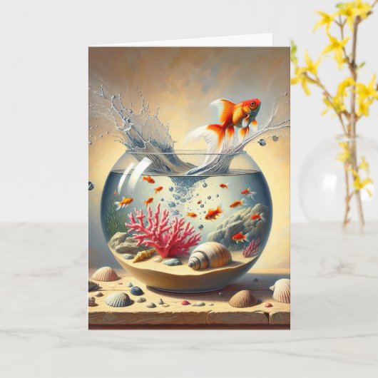 Geburtstag Goldfish springt aus Fishbowl Karte (Gelbe Blume)