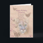 Geburtstag, Grandson, Cougar und Schmetterlinge Karte<br><div class="desc">Die stetig grünen Augen eines stumpfen Stachels aus einem Hintergrund von gedämpftem Pfirsich und rosa. Schmetterlinge und Blume schmücken den Bildrand. Mit den im Hintergrund verblassten Hauptbilderteilen ist das Gesamtbild weich und verträumt, was im Gegensatz zur Heftigkeit der großen Katze steht. Dieses Thema der Stärke und Sanftheit wird in das...</div>