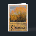 Geburtstag Grandson, Sunkissed Winter Bäume. Karte<br><div class="desc">Happy Birthday Special Grandson,  mit Bäumen im Winter rund um einen See reflektiert gegen orange Sonnenlicht. Im Text heißt es: (Außen)Glückwunsch zum Geburtstag eines ganz besonderen Grandson(Inside) Sie verdienen heute jedes Glück.</div>