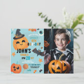 Geburtstag Halloween Pumpkin Blue Party Foto Einladung (Stehend Vorderseite)