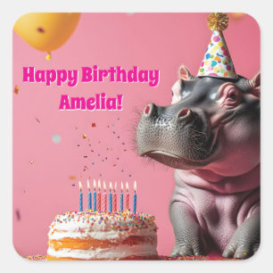 Geburtstag Hippo mit Kuchen und Balloons Quadratischer Aufkleber
