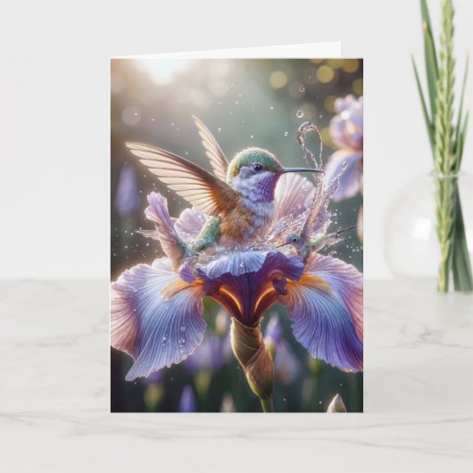 Geburtstag Hummingvogel in einem Iris-Blossom Karte (Vorderseite)