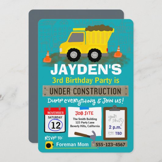 Geburtstag im Bau Einladung (Vorne/Hinten)