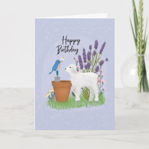 Geburtstag im Garten mit Schafen und Vögeln Karte