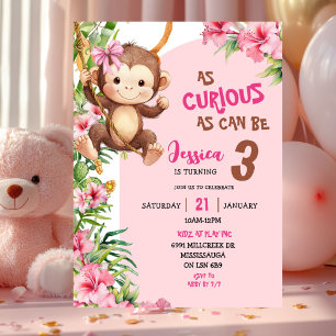 Geburtstag im Thema Pink Curious Monkey Savannah Einladung