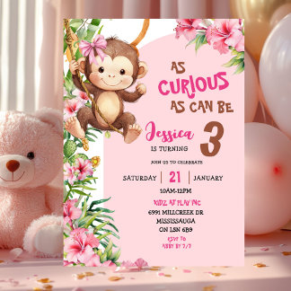 Geburtstag im Thema Pink Curious Monkey Savannah Einladung