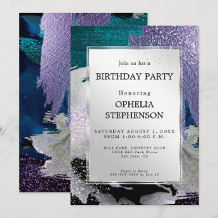 Geburtstag   Imitate Metallisches Silver Lilac Aqu Einladung