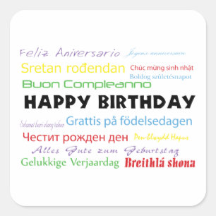 Geburtstag in vielen Sprachen Quadratischer Aufkleber