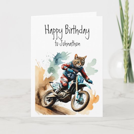 Geburtstag Individuelle Name Cat Riding Motocross Karte (Vorderseite)