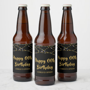 Geburtstag jedes Jahr schwarze Gold-String-Lichter Bierflaschenetikett
