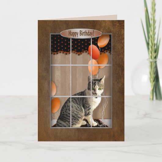 Geburtstag - Katzen Aussehen Fenster - Balloons Karte (Vorderseite)