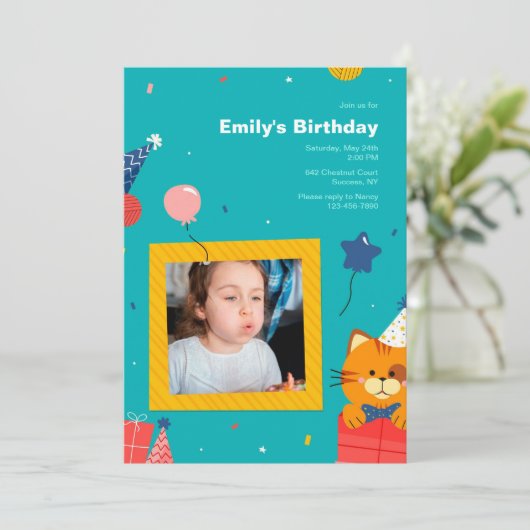 Geburtstag Kitty Frame Foto Einladung (Stehend Vorderseite)