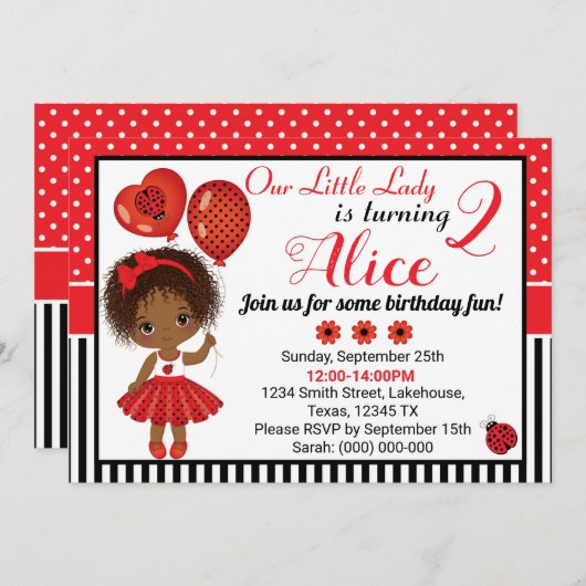 Geburtstag Ladybug Einladung mit Kleiner Mädchen (Vorne/Hinten)