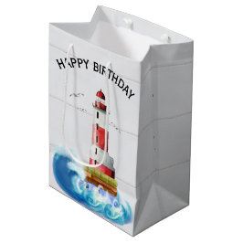 Geburtstag Leuchtturm auf weißem Holz Mittlere Geschenktüte