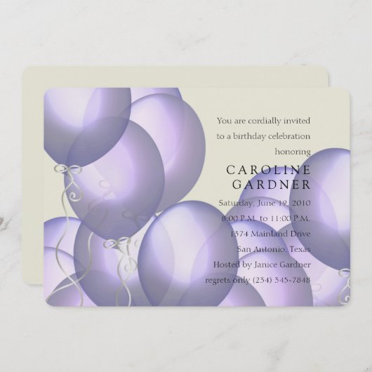 Geburtstag Lila Balloons Einladung (Vorne/Hinten)