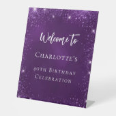 Geburtstag lila Glitzer Glitzern willkommen Sockelschild (Vorderseite)