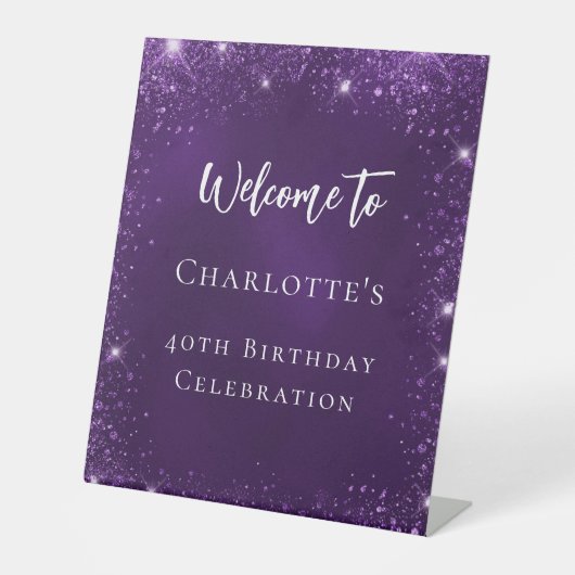 Geburtstag lila Glitzer Glitzern willkommen Sockelschild (Vorderseite)