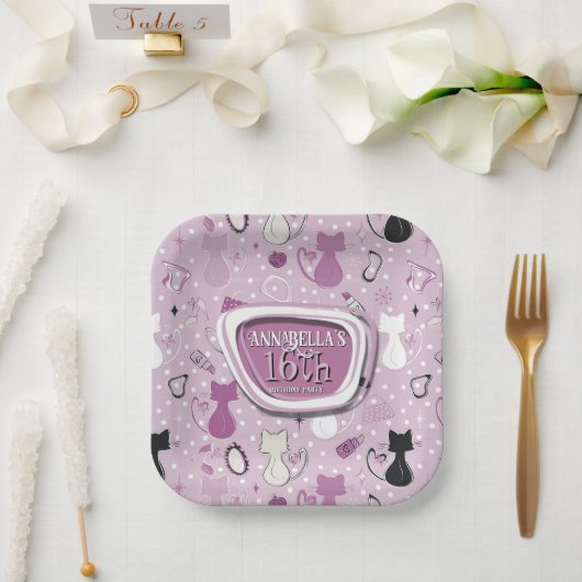 Geburtstag Lila Herzkatzen Pappteller (Hochzeit)