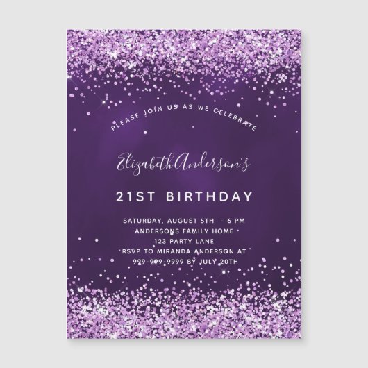 Geburtstag lila rosa Glitzer Luxus Magneteinladung (Vorderseite)