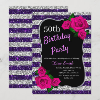 Geburtstag Lila Silber Streifen Glitter Rosa Rosen Einladung