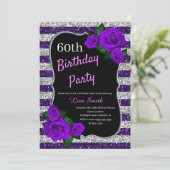 Geburtstag Lila Silberstreifen Glitzer Lila Rose Einladung (Stehend Vorderseite)