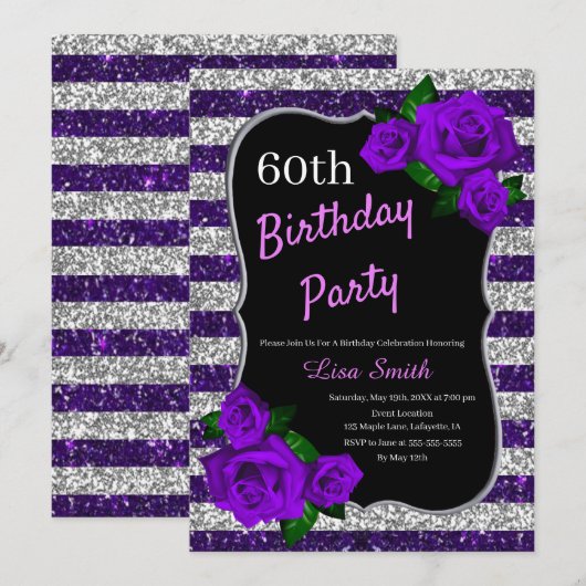 Geburtstag Lila Silberstreifen Glitzer Lila Rose Einladung (Vorne/Hinten)