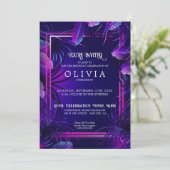 Geburtstag | Lila tropisches Neon Einladung (Stehend Vorderseite)