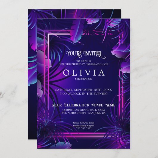 Geburtstag | Lila tropisches Neon Einladung (Vorne/Hinten)