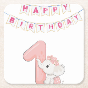 Geburtstag Mädchen 1. Geburtstag Süßer Elefant und Rechteckiger Pappuntersetzer