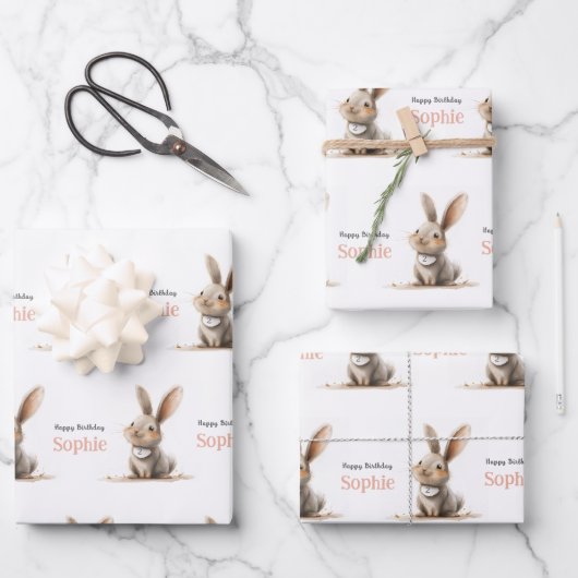 Geburtstag Mädchen Süßer Hase Geschenkpapier Set (Vorderseite)