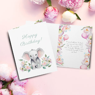 Geburtstag mit Baby-Elefanten, Pfingstrosen und Ba Karte