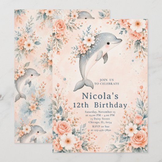 Geburtstag mit floralem Delfin Einladung (Vorne/Hinten)