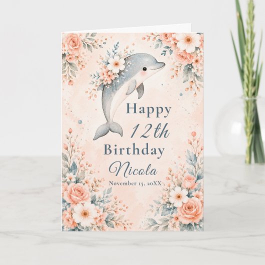 Geburtstag mit floralem Delfin Karte (Vorderseite)