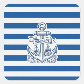 Geburtstag mit nautischen Streifen und Anker Quadratischer Aufkleber