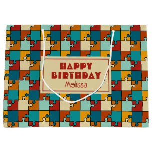 Geburtstag mit Vintage-Puzzleteile-Muster Große Geschenktüte