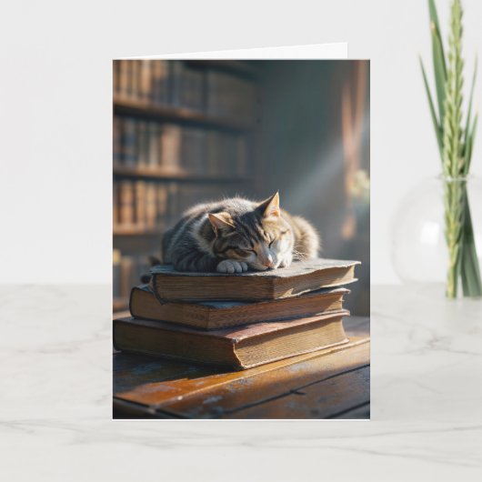 Geburtstag Napping Tabby Cat On Library Books Karte (Vorderseite)