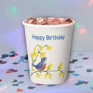 Geburtstag Niedlicher Roter Blauer Vogel auf Zweig Pappbecher