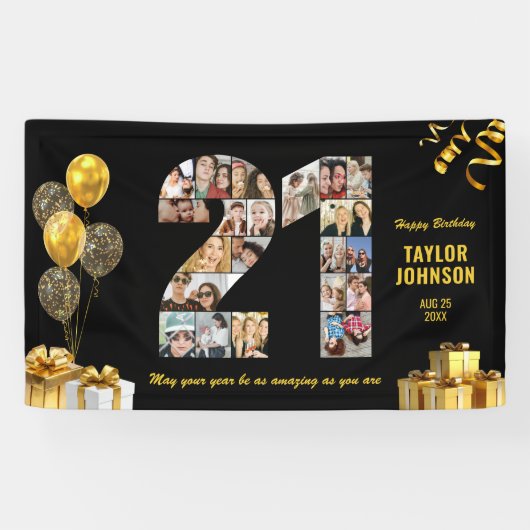 Geburtstag Nummer 21 Foto Collage Schwarz Gold Banner (Horizontal)