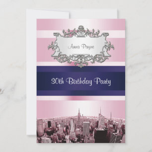 Geburtstag NYC geätzte Skyline 2 rosa Hintergrund, Einladung