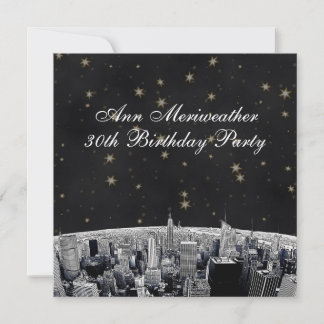 Geburtstag NYC geätzte Skyline Schwarz Gold Sterne Einladung