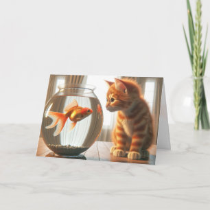 Geburtstag Orange Tabby Staring bei Goldfish Karte