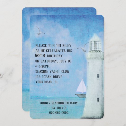 Geburtstag Party Segelboot und OzeanLeuchtturm Einladung (Vorne/Hinten)