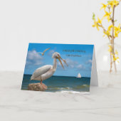 Geburtstag, Pater, weißer Pelikan auf einem Felsen Karte (Gelbe Blume)