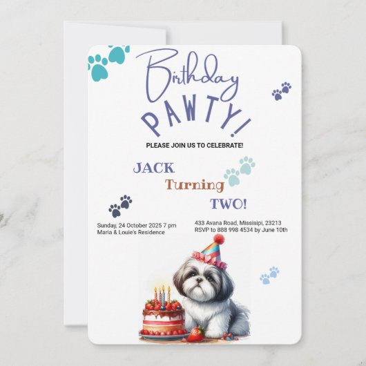 Geburtstag Pawty Shih Tzu Hund Personalisiert Gebu Einladung (Vorderseite)