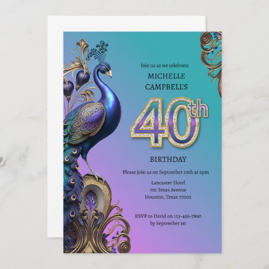 Geburtstag, Pfau Einladung (Vorne/Hinten)