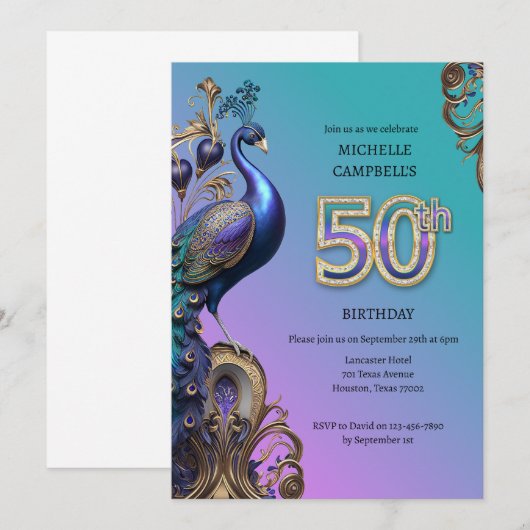 Geburtstag, Pfau Einladung (Vorne/Hinten)