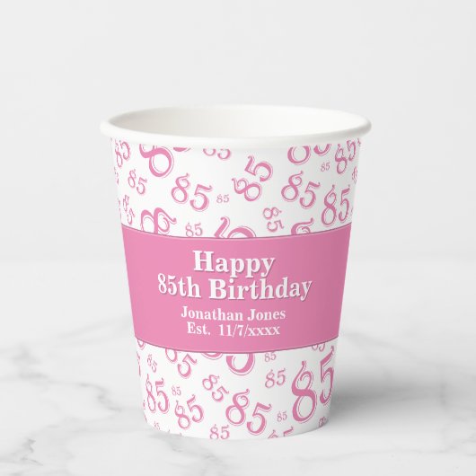 Geburtstag Pink/Weiß Random Number Pattern 85 Pappbecher (Vorderseite)