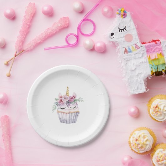 Geburtstag Pinkes Einhorn Blumiger Cupcake Pappteller (Party)
